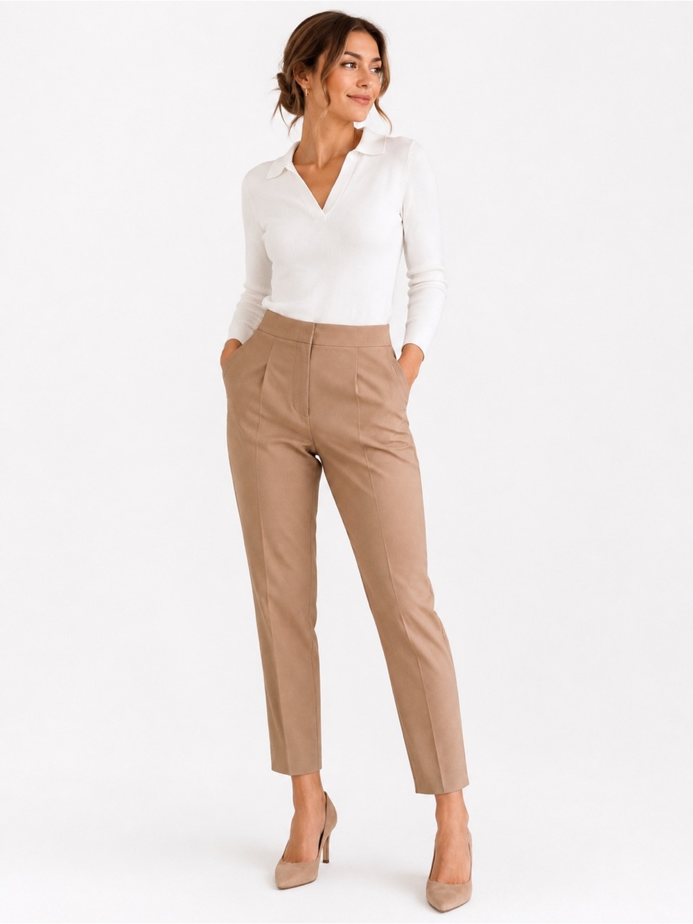 Zara Beige High Rise Tapered Trousers Small Ankle Pants Workwear